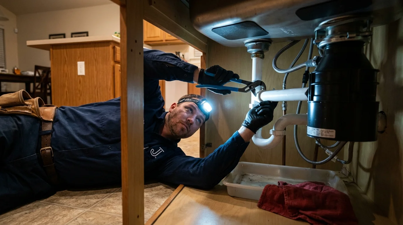 P-trap and supply line connections under a kitchen sink showing a common leak point in Centreville, AL